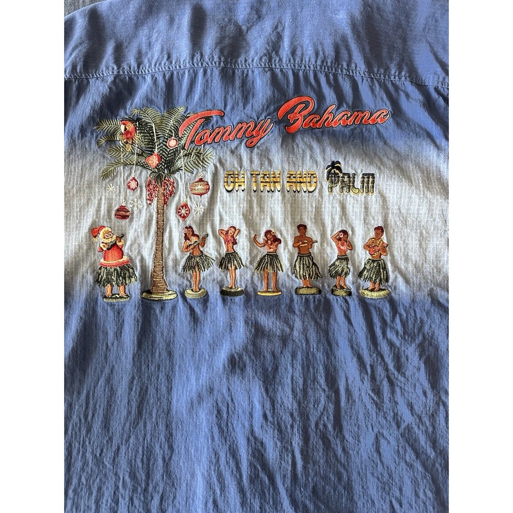 Tommy Bahama Shirt Mens XXL Button Up Oh Tan and Palm Tiki Girls Silk Blue - Picture 10 of 16